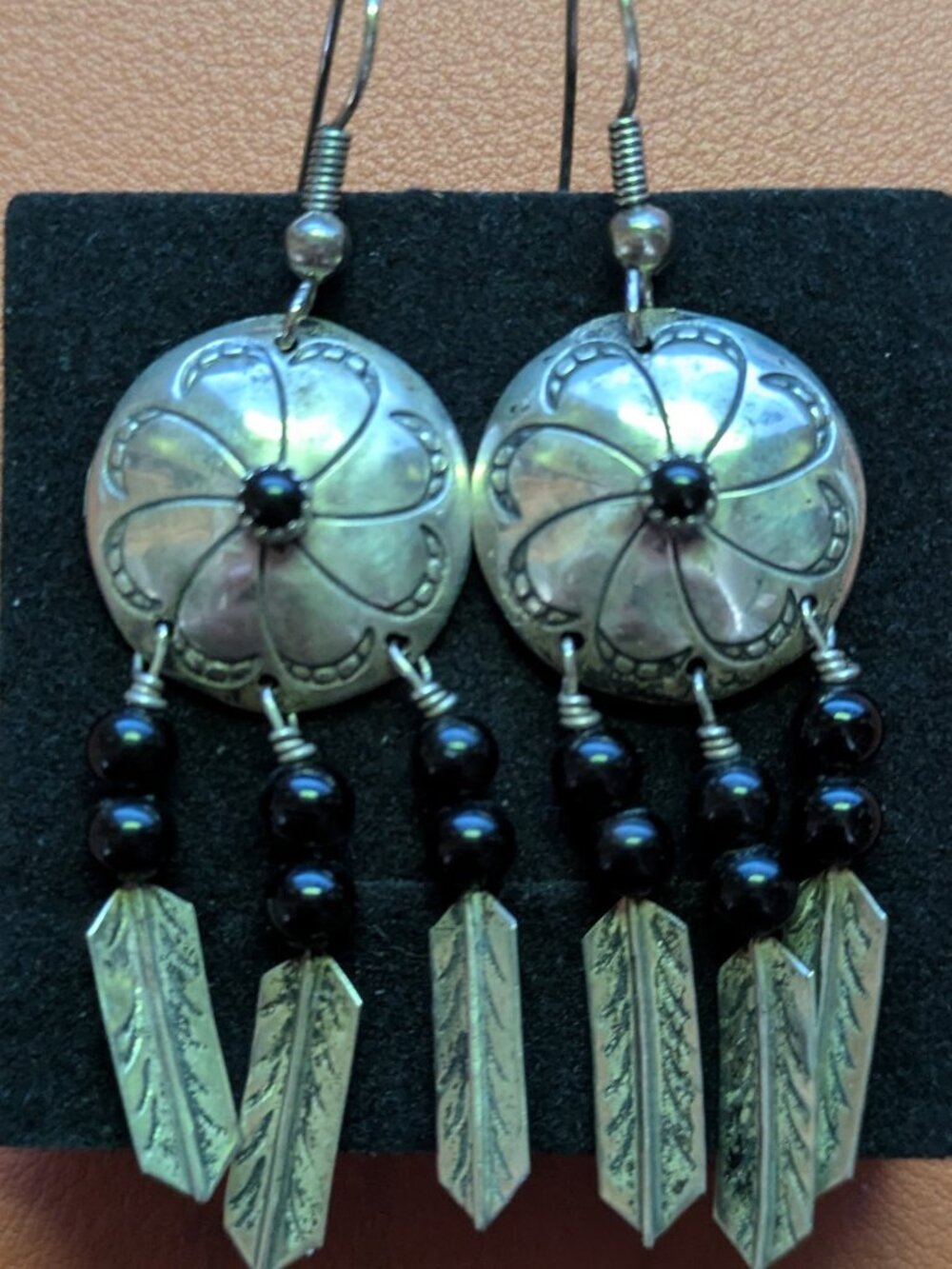 Southwestern Black Onyx Stamped Concho Feather Dangle Earrings 2.5"